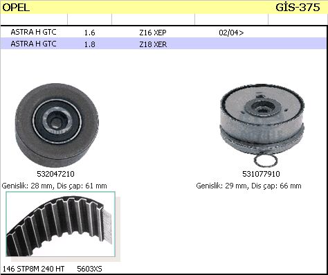 ALFA ROMEO ALFA159 TRİGER SETİ K015603XS ASTRA-H VECTRA-C (04-) Z16XEP INSIGNIA CRUZE 1.6 16V