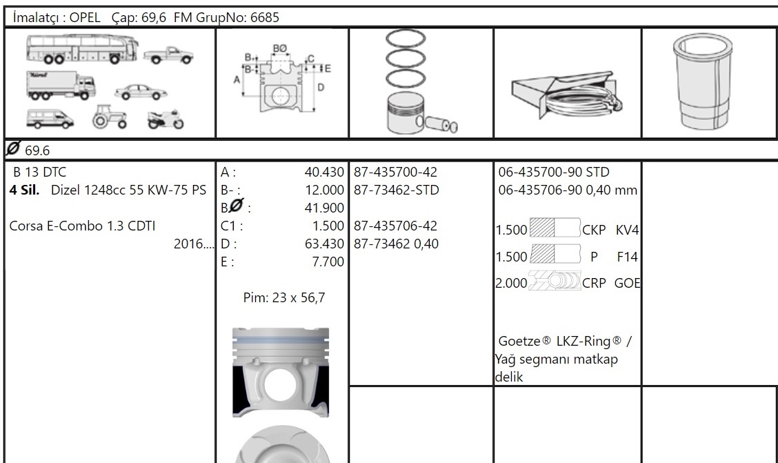 OPEL CORSA PİSTON SEGMAN 8773462 STD (69,60) 1.3MJET EURO6 EGEA DOBLO FIORINO PUNTO CORSA E