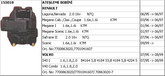 RENAULT LAGUNA BOBİN (SİYAH SOKET) 155018 LAGUNA 2.0-16V N7Q SOL S40