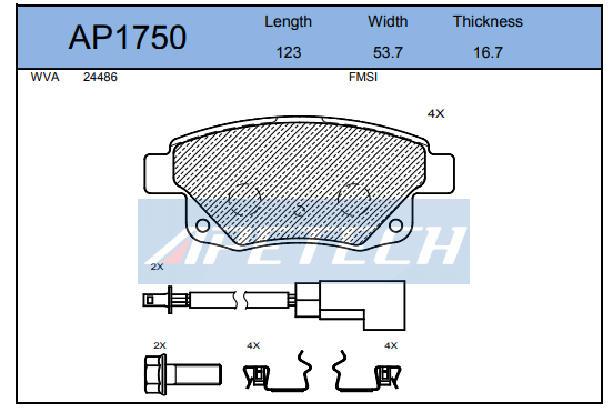 FORD TRANSIT DİSK BALATA ARKA AP1750 V347 CUSTOM (12-) 2.2-2.4 TDCI KABLOLU (ARKADAN ÇEKER)