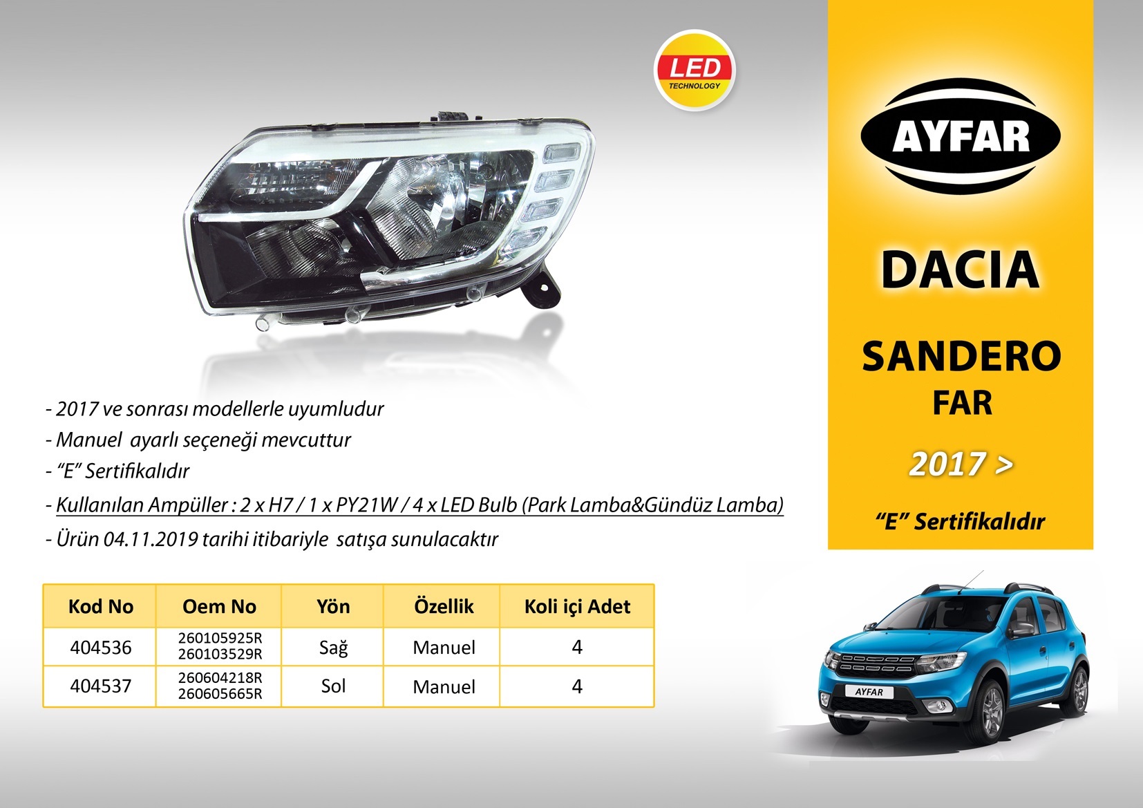 DACIA LOGAN FAR SAĞ 404536 LOGAN MCV SANDERO 17-> MANUEL LEDLİ